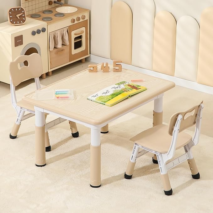 Toddler Table and 2 Chairs, Height-Adjustable Kids Table and Chairs Set, 31.5''L x 23.6''W Children Activity Table for Boys and Girls Aged 3-8