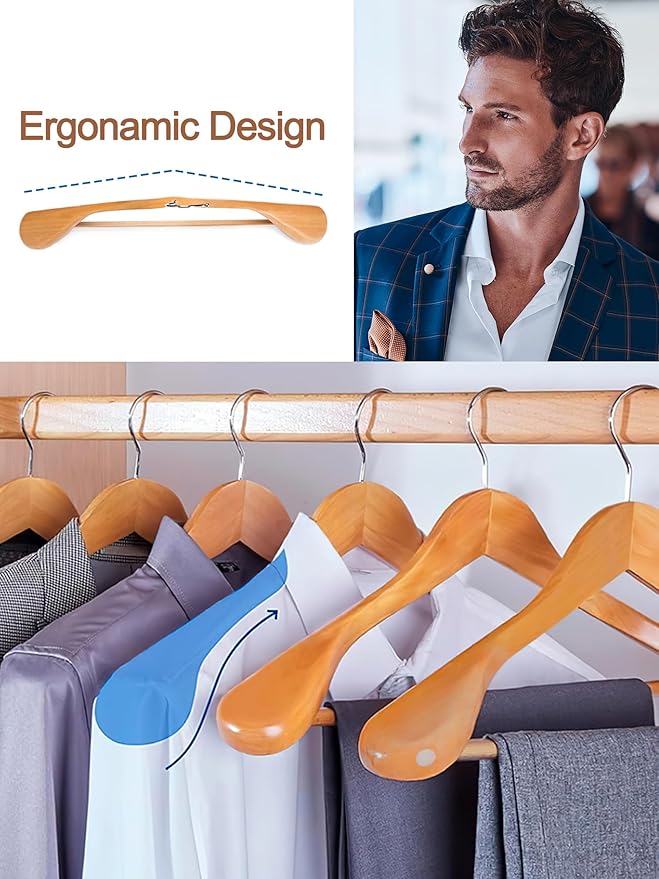 HOUSE DAY Wide Shoulder Wooden Hangers 12 Pack, Wood Suit Hangers for Men with Non Slip Pants Bar, Smooth Finish Solid Wood Coat Hanger for Jacket, Pants, Dress, Heavy Clothes Hangers (Natural)
