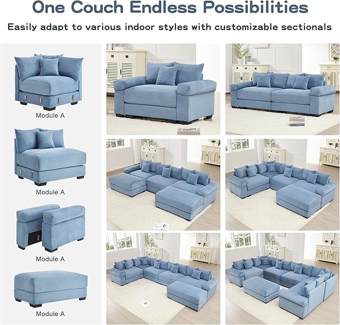 KEIKI 83" Oversized Corduroy Modular Sectional Loveseat Sofa with 2 Ottoman, High-Density Foam Cushion, Extra-Thick Armrest, Modern 2-Seater Fluffy Corner Couch with 6 Pillow, for Living Room, Blue