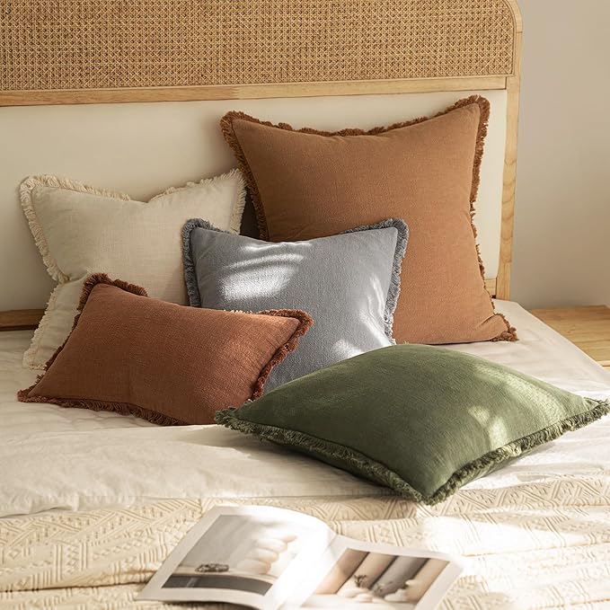 MIULEE Decorative Throw Pillow Covers Neutral Linen Fringe Throw Pillows Set of 2 Light Grey Boho Farmhouse Cushion Covers with Tassels for Couch Sofa Bed Living Room Spring Home Decor 18x18 Inch