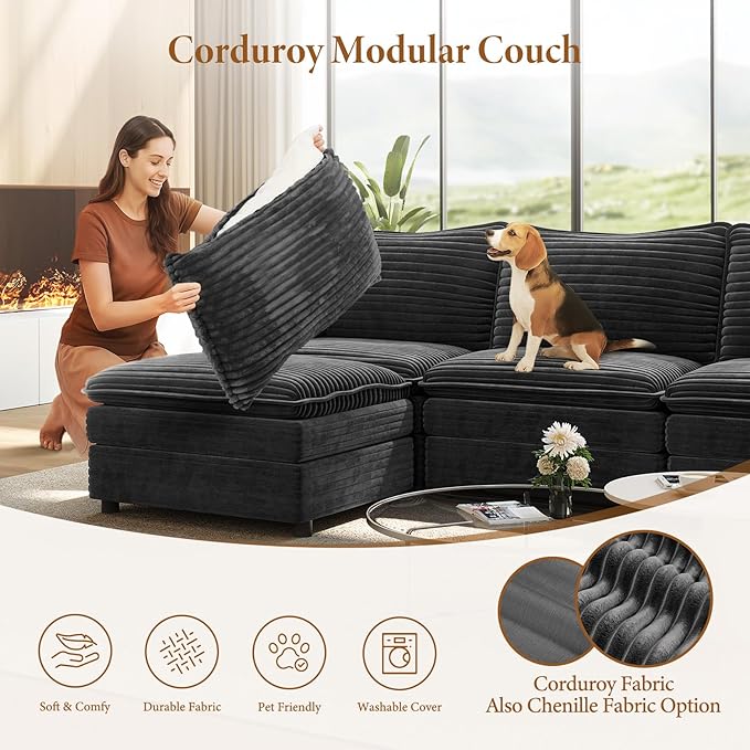 Vesgantti 108" Modular Sectional Sofa, Comfy Cloud Couch with Movable Ottoman Deep Seat Corduroy L Shaped Modular Sofa, Sectional Couches for Living Room, Bedroom and Apartment, Gray