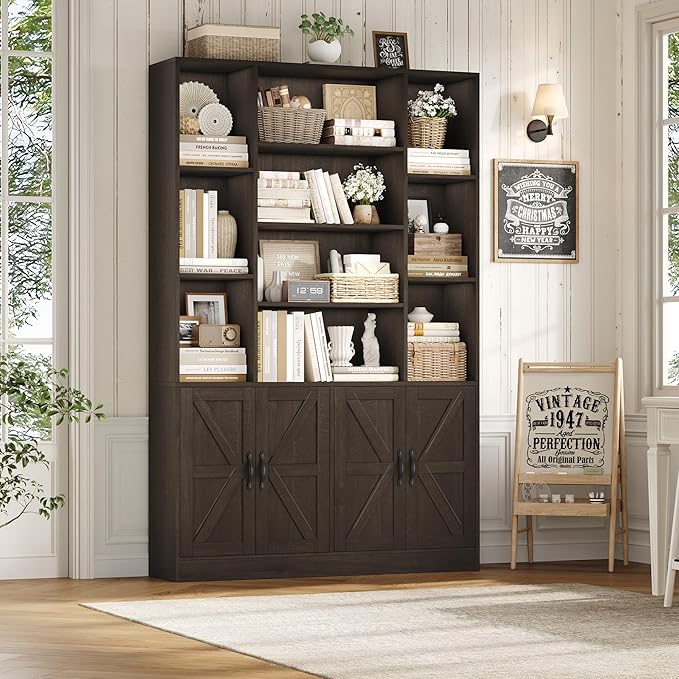 HOSTACK 75” Tall Book Shelf and Bookcase, Bookshelf with Storage Cabinet, 47” Wide Bookcase with 4 Doors, Standing Display Shelves, Modern Farmhouse Book Case for Living Room, Home Office, Dark Brown