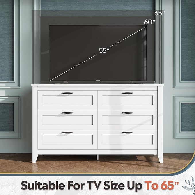WLIVE White Dresser for Bedroom, 6 Drawer Wood Dresser with Metal Handle, Large Double Wooden Chest of Drawers for Living Room, Hallway, Closet