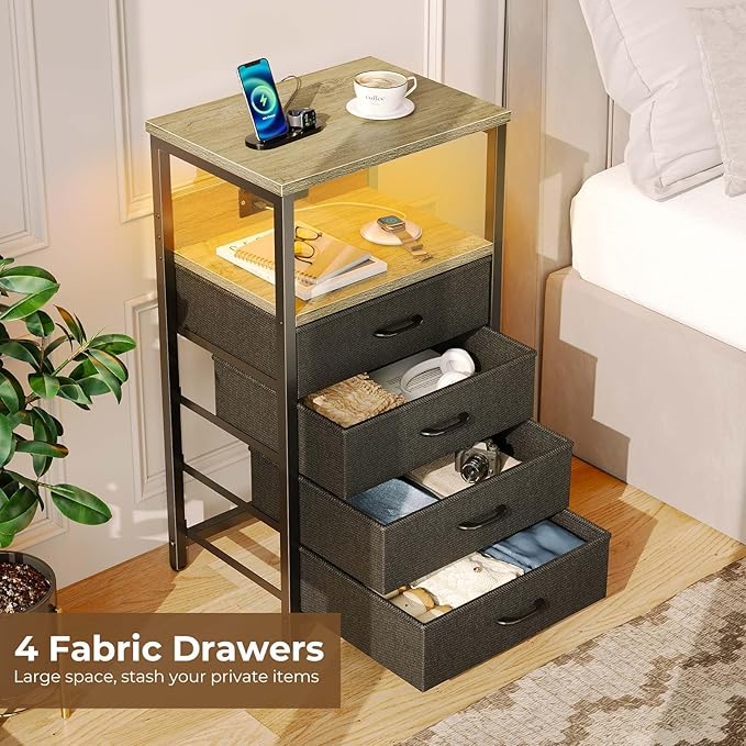 Seventable Night Stand with Charging Station, Tall Nightstand with 4 Fabric Storage Drawers, Side Table with LED Light for Bedroom, Entryway, Greige