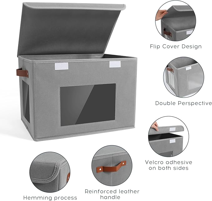 Storage Bins for Clothes, 40L Large Collapsible Stackable Closet Organizer Containers, Storage Boxes with Lids,Storage Cube Basket, Clear Windows & PU Leather Handles, Pack of 3, 17x12x12 Inch