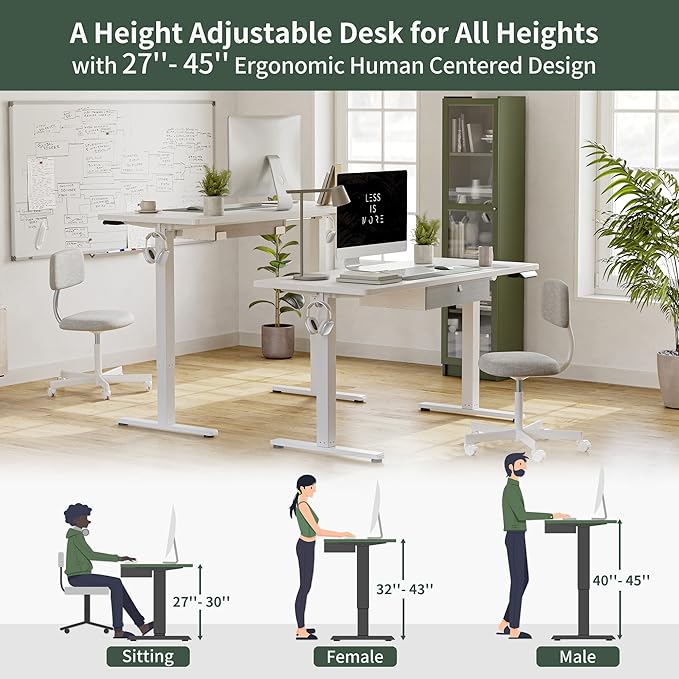 FEZIBO 63 x 24 Inches Standing Desk with Drawer, Adjustable Height Electric Stand up Desk with Storage, Sit Stand Home Office Desk, Ergonomic Computer Desk, White