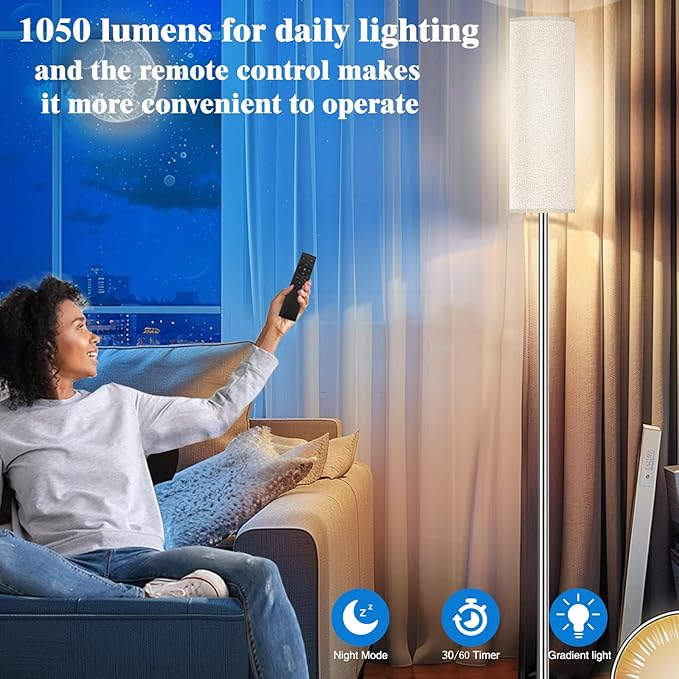 Floor Lamp for Living Room Bedroom, Modern Floor Lamp with Remote,Stepless Dimmable,Nickel Pole and Beige Linen lampshade （12W Bulb Included）