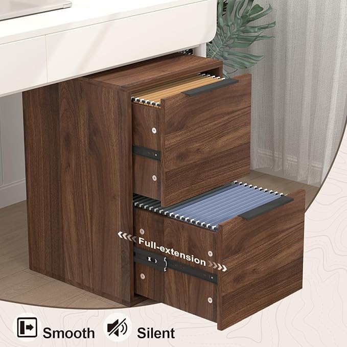 Wood File Cabinets 2 Drawers File Cabinet with Hanging Bar for Letter Size/Hanging Files, Small Wooden File Cabinets for Home Office, Dark Walnut