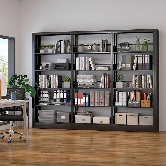 5-Tier Bookshelf, Black Bookshelf with Adjustable Storage Shelves, Freestanding Bookcases and Bookshelves, Wide Bookshelf for Home Office, Living Room, Bed Room, Including Book Stopper