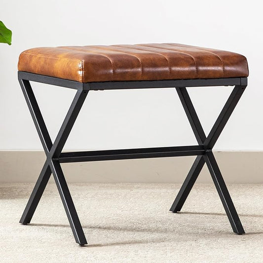 DUHOME Vanity Stool,Faux Leather Ottoman Chair for Vanity,Small Vanity Bench with Metal X Legs, Rectangle Vanity Seat Foot Rest Stool for Dressing Room, Living Room, Bathroom,Yellowish Brown