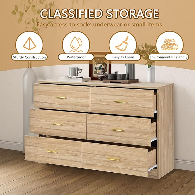 Dresser for Bedroom,Modern 6 Drawer Dresser with Deep Drawer and Gold Handle,Wood Chest of Drawer for Living Room,Hallway,Bedroom Storage Furniture