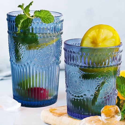 12pcs Vintage Drinking Glasses Set, 12 oz Highball Glasses & 9 oz Embossed Ribbed Glassware Cups for Cocktail, Water, Juice, Coffee, Whiskey (Blue)