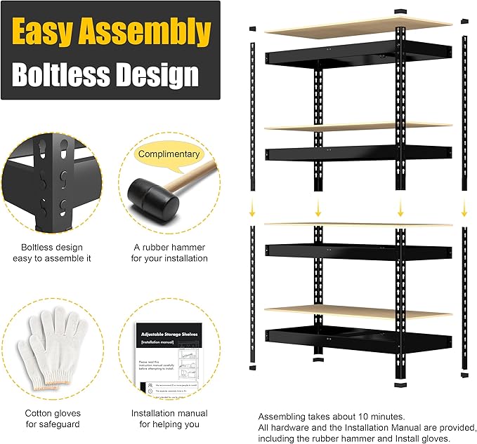 PrimeZone 4 Tier 36" W x 16" D x 55" H Storage Shelves - 4 Pack Adjustable Garage Storage Shelving, Heavy Duty Metal Storage Utility Rack Shelf Unit for Warehouse Pantry Closet Kitchen, Black