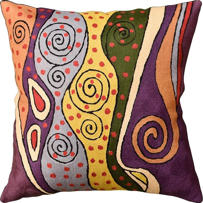 Klimt Purple Modern Accent Pillow Cover Purple | Mid Century Chair Cushions | Abstract Throw Pillows | Contemporary Pillowcase | Modern Couch Pillows | Hand Embroidered Cushion | Wool Size 18x18