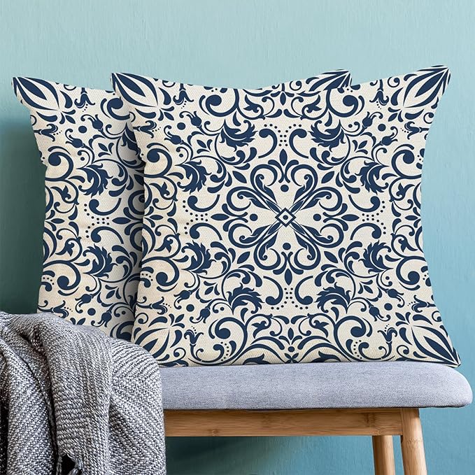 Navy Blue Boho Pillow Covers 18x18 Set of 2, Bohemian Ethnic Design Carpet Pattern Decorative Throw Pillows Linen Blue Print Farmhouse Cushion Pillow Covers for Sofa Couch Outdoor Decor