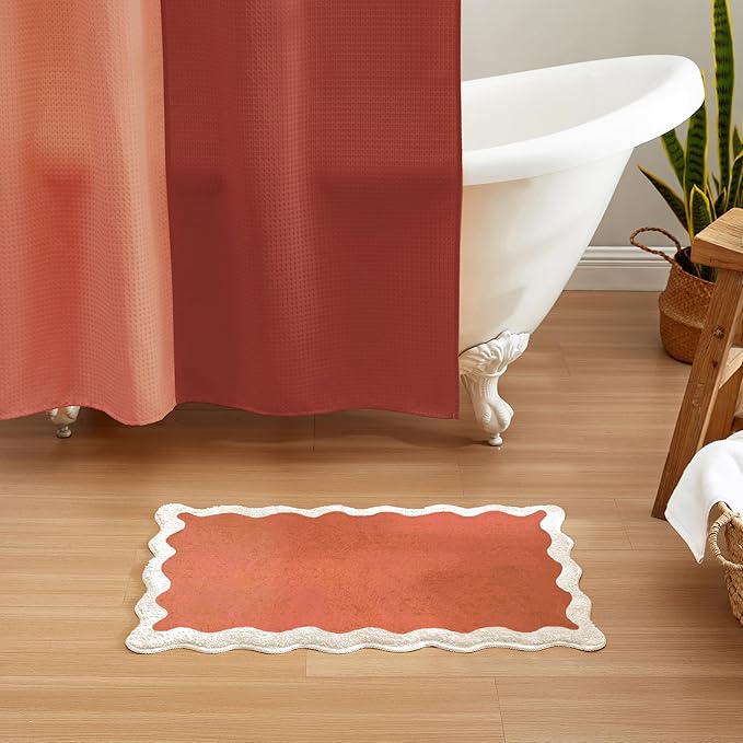 MONDAY MOOSE Bath Mat with Scalloped Wavy Ripple Design, Microfiber Absorbent Non Slip Tufted Rug for Floor, Shower or Kitchen (20x32 inch, Terracotta)