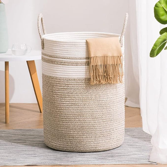 Woven Rope Laundry Hamper Basket, 58L Tall Laundry Basket for Blanket Organizer- Clothes Hamper for Bedroom Storage, Baby Kids Nursery Hamper-Large-Brown