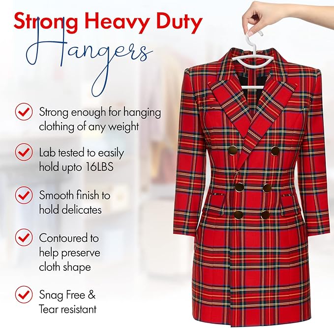 Plastic Clothes Hangers- 24 Heavy Duty Plastic Hangers for Clothes, Light Weight, Coats, Dress, Suits- Non Slip Cloth Hanger with Hook for Scarves, Belts & Ties- Snag Free White Hangers for Shirts
