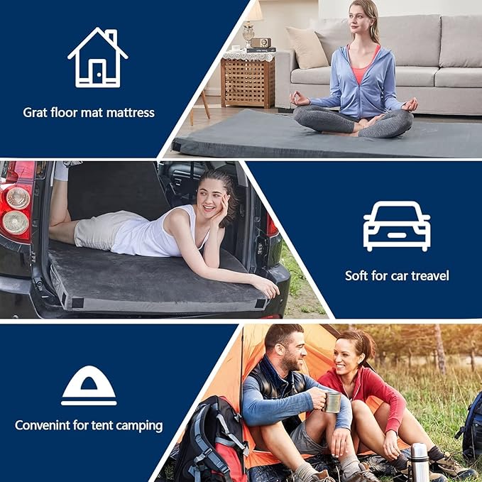 CYMULA CertiPUR-US Memory Foam Camping Mattress Pad, Portable Foam Sleeping Pad for Camping, Roll up Sleeping Mat for Adults Guest Floor Bed for Sleepover, Car, Tent SUV Cot Mattress