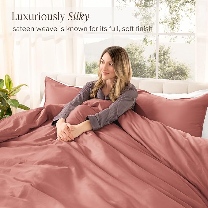 Bare Home 100% Organic Cotton Sateen Duvet Cover Set - 400 Thread Count - Smooth Sateen Weave - Warm & Luxurious - Duvet Cover (King/Cal King, Dusty Rose)