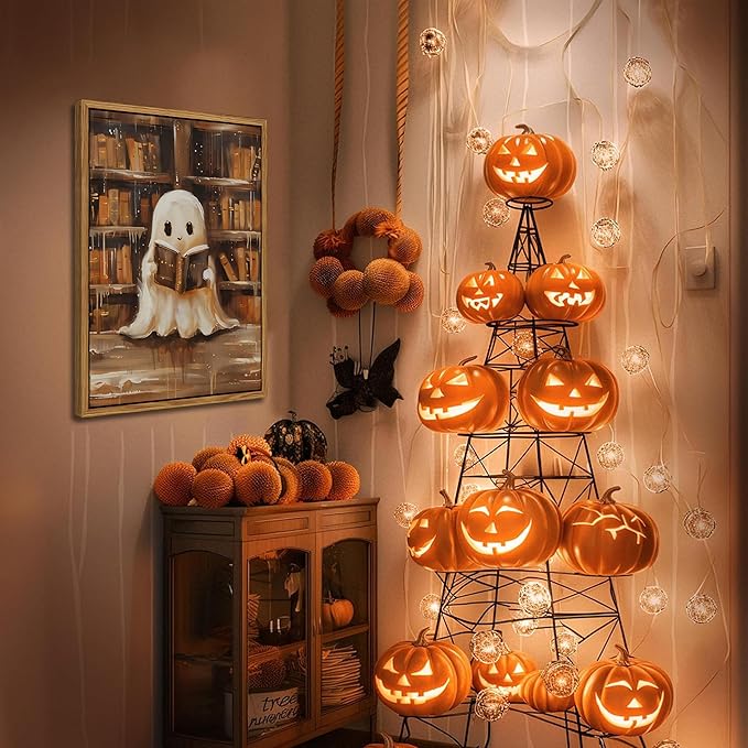 Vintage Framed Ghost Reading Books Canvas Wall Art for Home Office - Halloween Academia Cute Ghost Picture Paintings Prints, Halloween Room Aesthetic Decor for Living Room Bedroom 16x24 inch