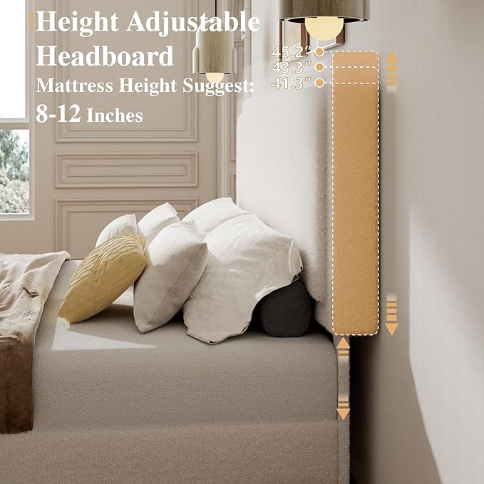 King Size Bed Frame with Adjustable Headboard, Boucle Cloud Platform Bed with Wood Slats, Mattress Foundation, No Box Spring Needed, Easy Assembly, Beige