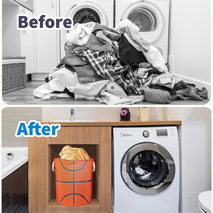 Basketball Hamper for Boys Room Decor Funny Tote Bag Kids Laundry Basket For Teen Boy Girl Ball Gift 17.7x13.7 Inch