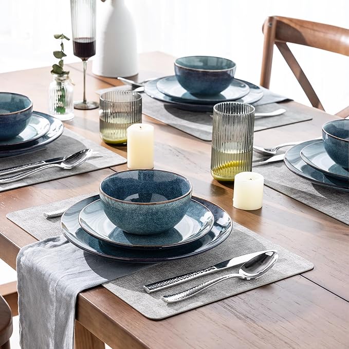 AmorArc Ceramic Dinnerware Sets for 6, 18 Pieces Handpainted Plates and Bowls Set, Scratch Resistant Stoneware Dishes Set, Dishwasher & Microwave Safe, Ceylon Blue