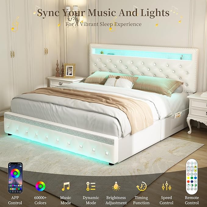 King Led Bed Frame with 2 Drawers, Heavy King Size Platform Bed Frame with Storage, Upholstered Bed Frames with Adjustable Headboard, Noise Free, Easy Assembly, No Box Spring Needed, PU White