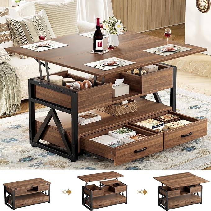 40" Lift Top Coffee Table,4 in 1 Multi-Function Lift Coffee Tables with Storage Drawers and Hidden Compartmen,Farmhouse Coffee Table with Lifting top for Living Room, Walnut