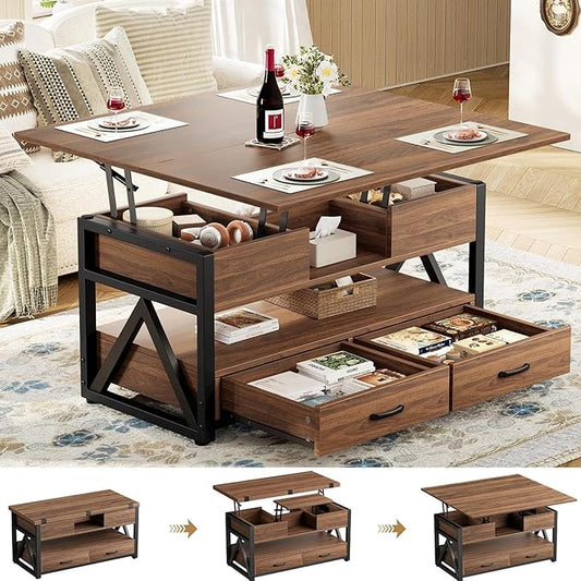 40" Lift Top Coffee Table,4 in 1 Multi-Function Lift Coffee Tables with Storage Drawers and Hidden Compartmen,Farmhouse Coffee Table with Lifting top for Living Room, Walnut