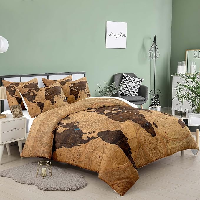 Tailor Shop World Map Comforter Set for Boys Girls Kids Teens ，Retro Yellow Vintage Nostalgic World Map Bedding Sets King Size 3 Pieces with 1 Comforter 2 Pillowcases