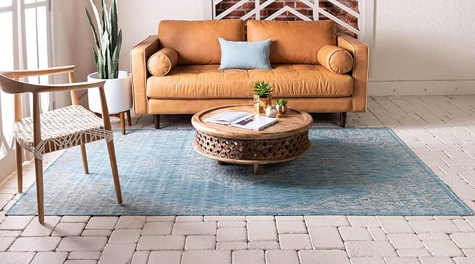 Unique Loom Outdoor Traditional Collection Area Rug - Antique (4' 1" x 6' 1" Rectangle, Light Aqua/ Gray)