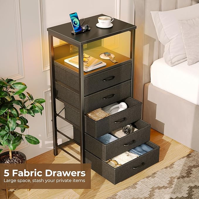 Seventable Night Stand with Charging Station, Tall Nightstand with 5 Fabric Storage Drawers, Side Table with LED Light for Bedroom, Entryway, Black