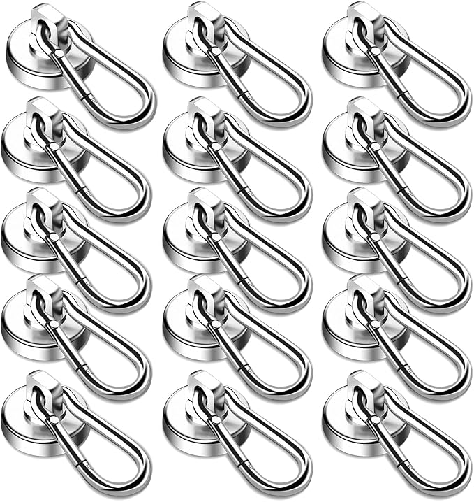 DIYMAG Magnetic Hooks, 70LBS Heavy Duty Neodymium Magnetic Hooks with Swivel Carabiner Hook,Great for Your Refrigerator and Other Magnetic Surfaces, Pack of 15
