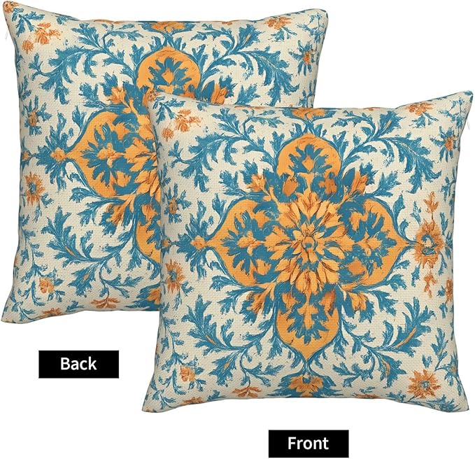 Light Orange Blue Boho Pillow Covers 18x18 Inch Set of 2 Bohemian Ethnic Carpet Pattern Floral Decorative Throw Pillows Fall Vintage Outdoor Cushion Covers for Sofa Bed Couch Living Room Decor
