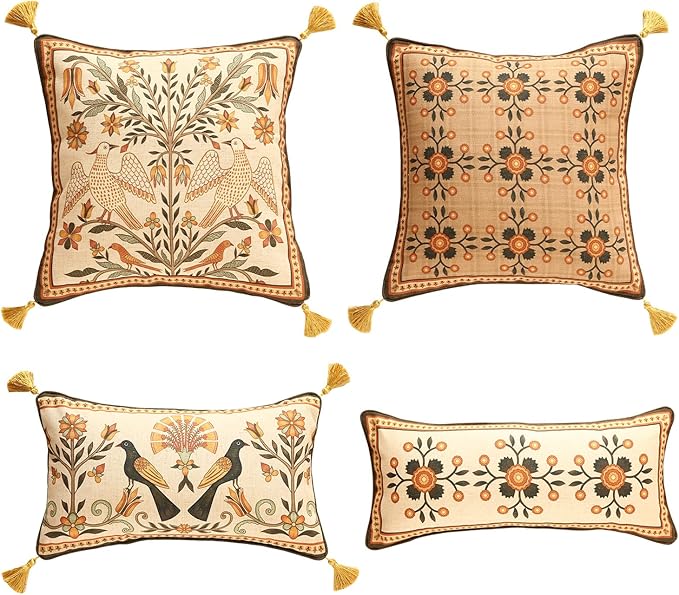 Brown Throw Pillow Covers Set of 4,Floral Farmhouse Linen Accent Pillows Cover for Couch Throw Pillows Cases,Decor Lumbar and Square Pillows for Couch Sofa Bed Chair Cushion Covers