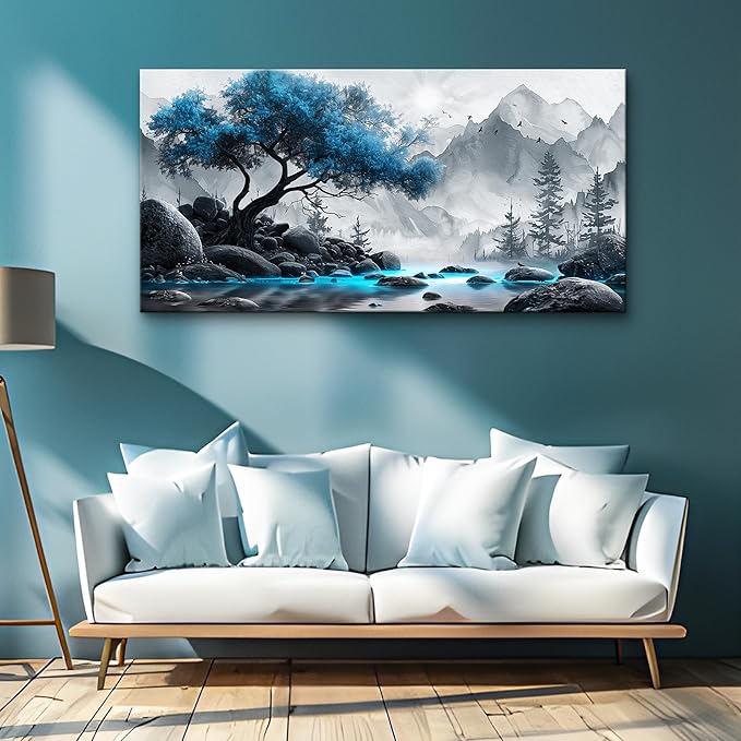 Lapremoly Large Canvas Wall Art For Living Room Wall Decor For Office Wall Decorations For Bedroom Black And White Painting Blue Tree Landscape Wall Pictures Hotel Artwork Posters Family Home Decor