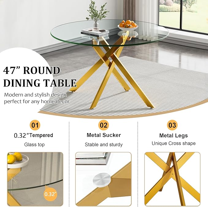 Goujxcy Round Dining Table Set for 6, Modern Glass Kitchen Table and Chairs Set of 6, 7-Piece Dining Room Table Set w/47 Circle Gold Glass Dining Table and 6 Upholstered Velvet Chairs