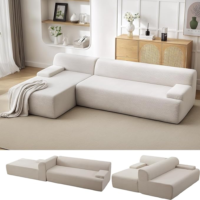 Garvee 107'' Modular Sectional Sofa, Left Facing Chaise L-Shaped Boneless Couch, Ultra Deep Seat Modern Sectional Sofa for Living Room, 5mm Wale Corduroy Fabric, Beige