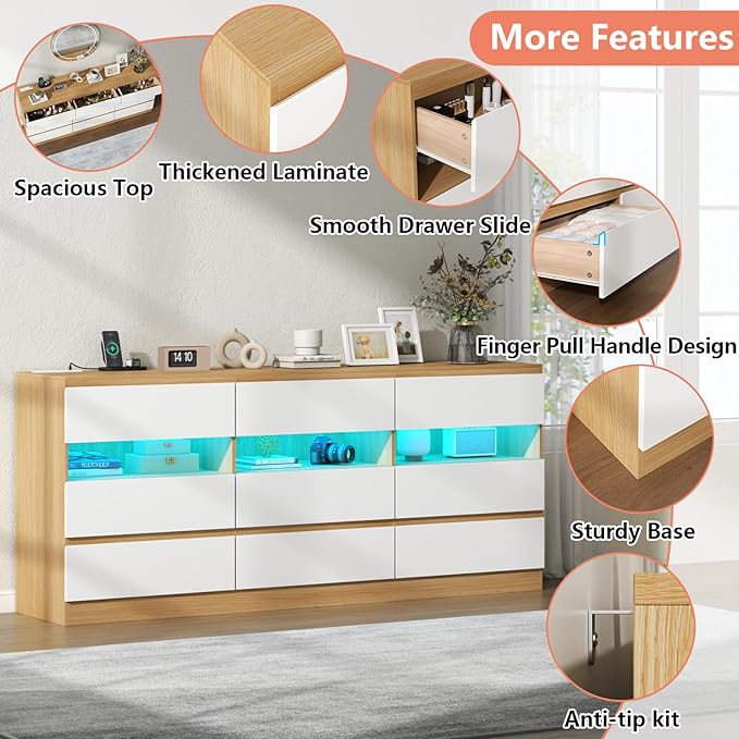 Loomie 9 Drawer Triple Dresser with Charging Station & Led Lights for Bedroom,Long 63" Dresser TV Stand for TVs up to 75",Wide Large Drawer Dressers Organizer with 3 Cubbies for Hallway, Light Wood