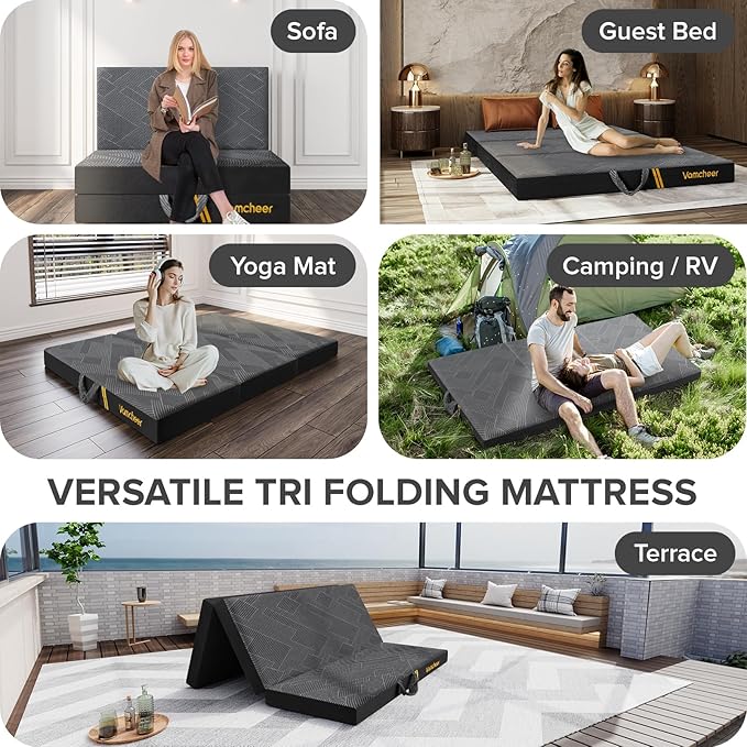 Vamcheer Tri Folding Mattress, 5 inch Twin Foldable Mattress, Tri-fold Memory Foam Mat with a Collapsible and Washable Cover, Handle & Non-Slip Bottom for Travel/Guest, 75"x38"x5", Grey