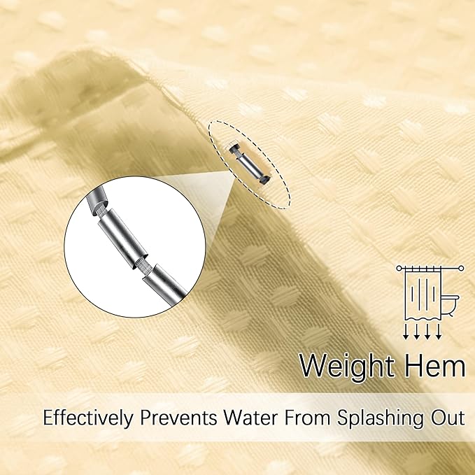 Beige Shower Curtain 256GSM Heavy Duty Waffle Woven Bathroom Shower Curtains, Weighted Fabric for Hotel Spa Luxury Polyester Bath Curtain with 12 Hooks, 72Wx72H