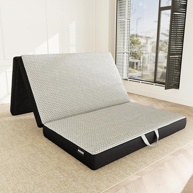 Memory Foam Trifold Mattress - Twin Portable Floor Bed 4 Inch, Foldable Mat with Washable Cover, Handle & Non-Slip Bottom, for RV, Travel, Camping, Yoga, 75"x38"x4"