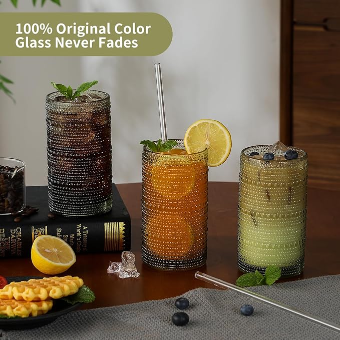 AkutaaVintage Hobnail Drinking Glasses Set of 12, 16 oz Large Capacity Embossed Green Tumblers, Highball Glasses for Water, Cocktail, Beer, Whiskey, Kitchen & Bar Use