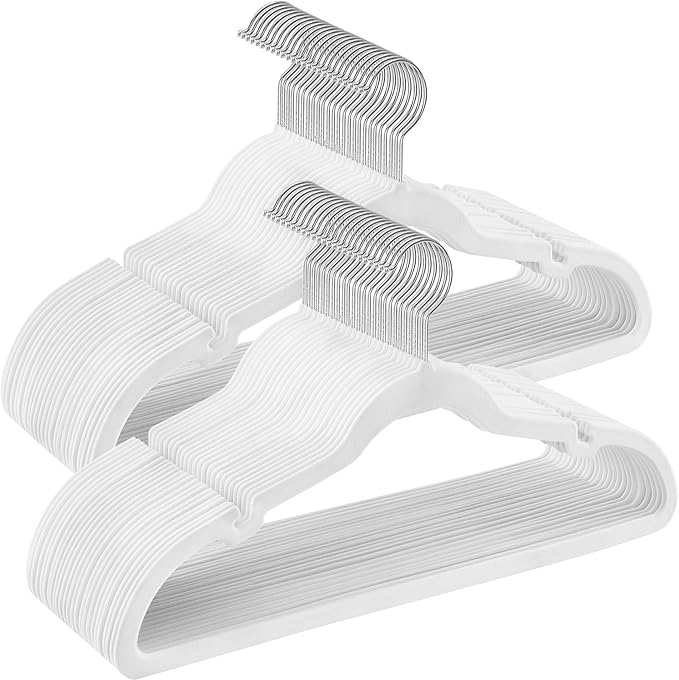 SONGMICS Velvet Hangers 50 Pack, Non-Slip Clothes Hangers, Suit Hangers with Shoulder Notches, Pants Bar, 360° Swivel Hook, Space-Saving, for Closet, Cloud White UCRF029W05