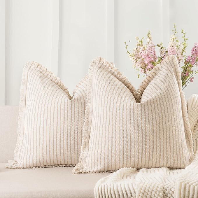 ZWJD Throw Pillow Covers 24x24 Set of 2 Striped Pillow Covers with Fringe Chic Cotton Decorative Pillows Square Cushion Covers for Sofa Couch Bed Living Room Farmhouse Decor