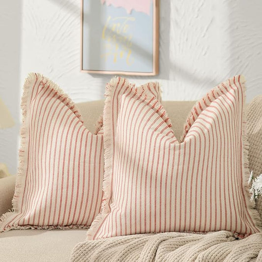 ZWJD Throw Christmas Pillow Covers 22x22 Set of 2 Striped Pillow Covers with Fringe Chic Cotton Decorative Pillows Square Cushion Covers for Sofa Couch Bed Living Room Farmhouse Decor