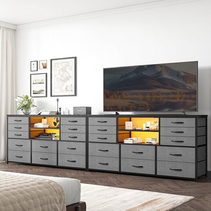 Dresser for Bedroom with LED Lights & Power Outlets 12 Drawers Dresser TV Stand for 60''TV Fabric Dressers & Chest of Drawers, Sturdy Metal Frame, Closet, Living Room, Grey, 49.2''W*11.8''D*35.4''H