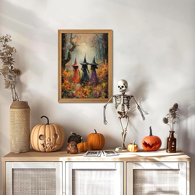 Framed Vintage Halloween Witch Wall Art – Halloween 3D Texture Witches Pictures Fall Decor for Living Room, Mysterious Forest Witchy Sandstone Aesthetic Art Prints for Bedroom Kids Room – 16x24in